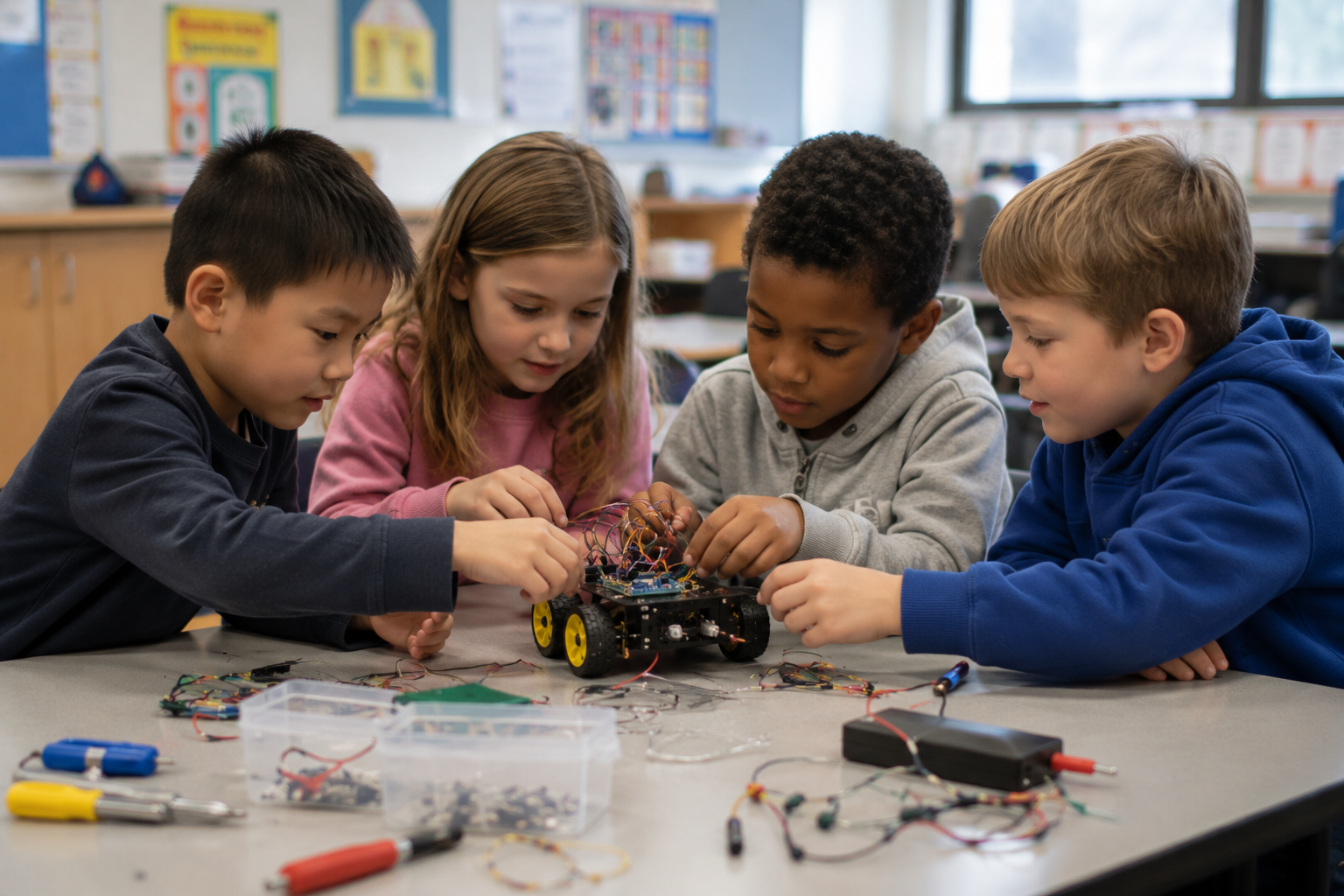 Enfants construisant des robots en atelier