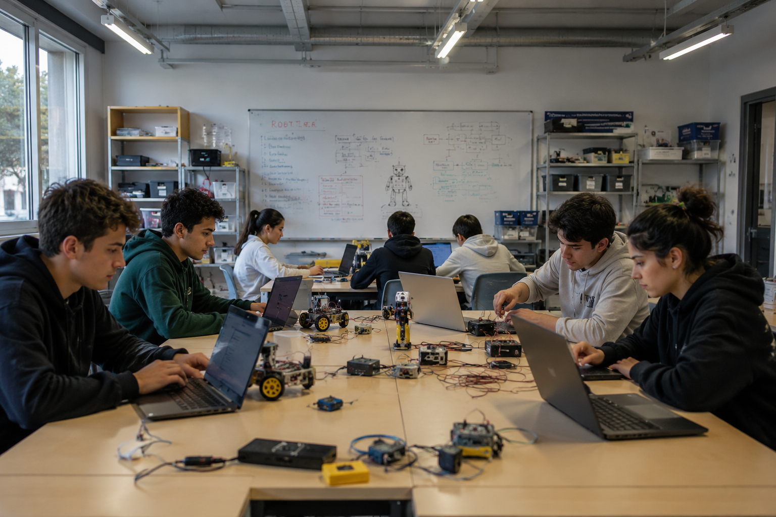 Jeunes apprenants interagissant avec un robot éducatif moderne